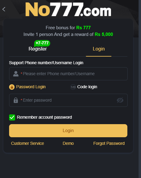 NO 777 Game Download APK- Real Cash App- Android Free login page